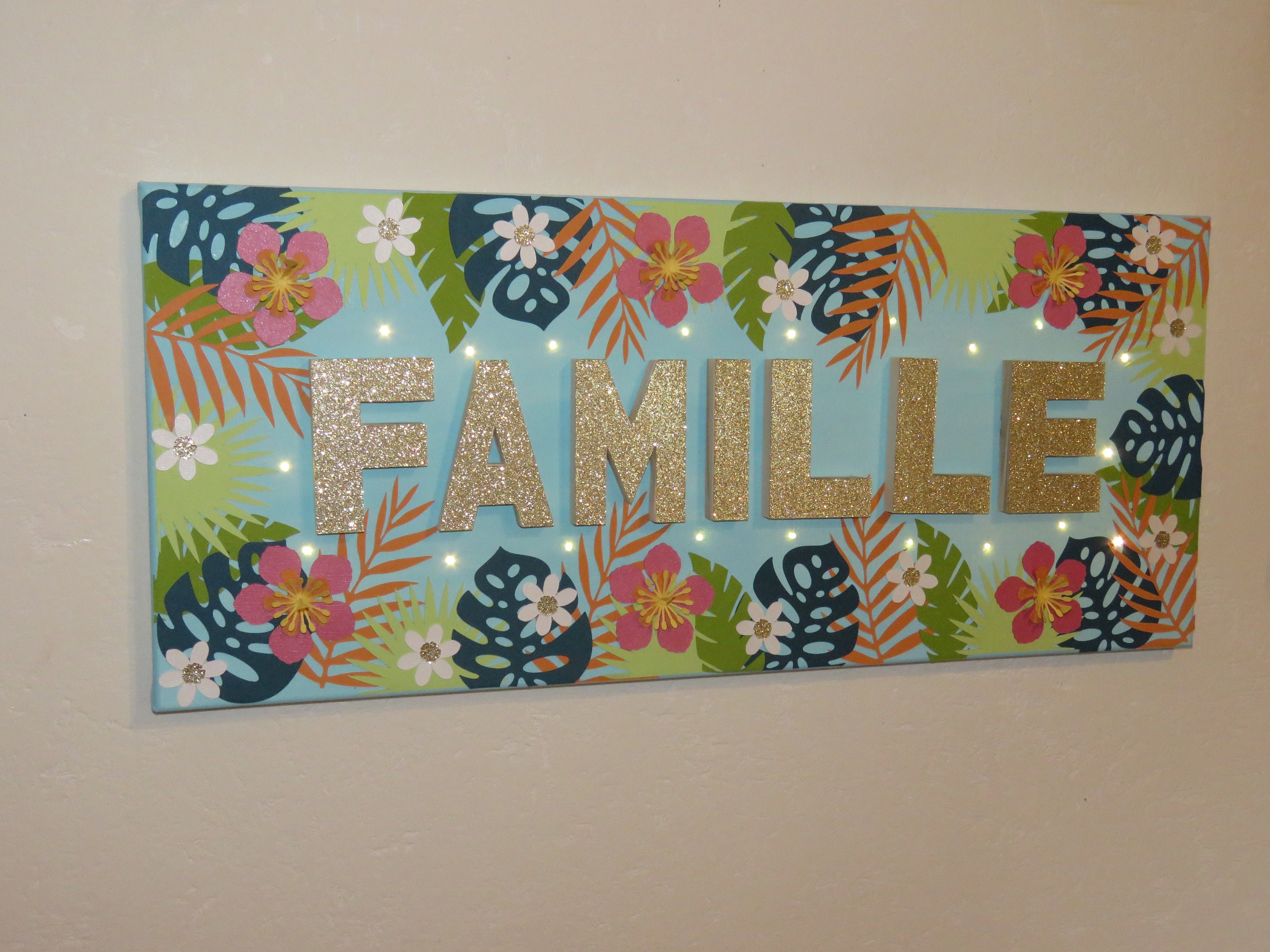 Tableau Mot Famille, Toile Personnalisé, Tableau Lumineux Tropicale, Jungle, Fleurs Tropicales, Pers