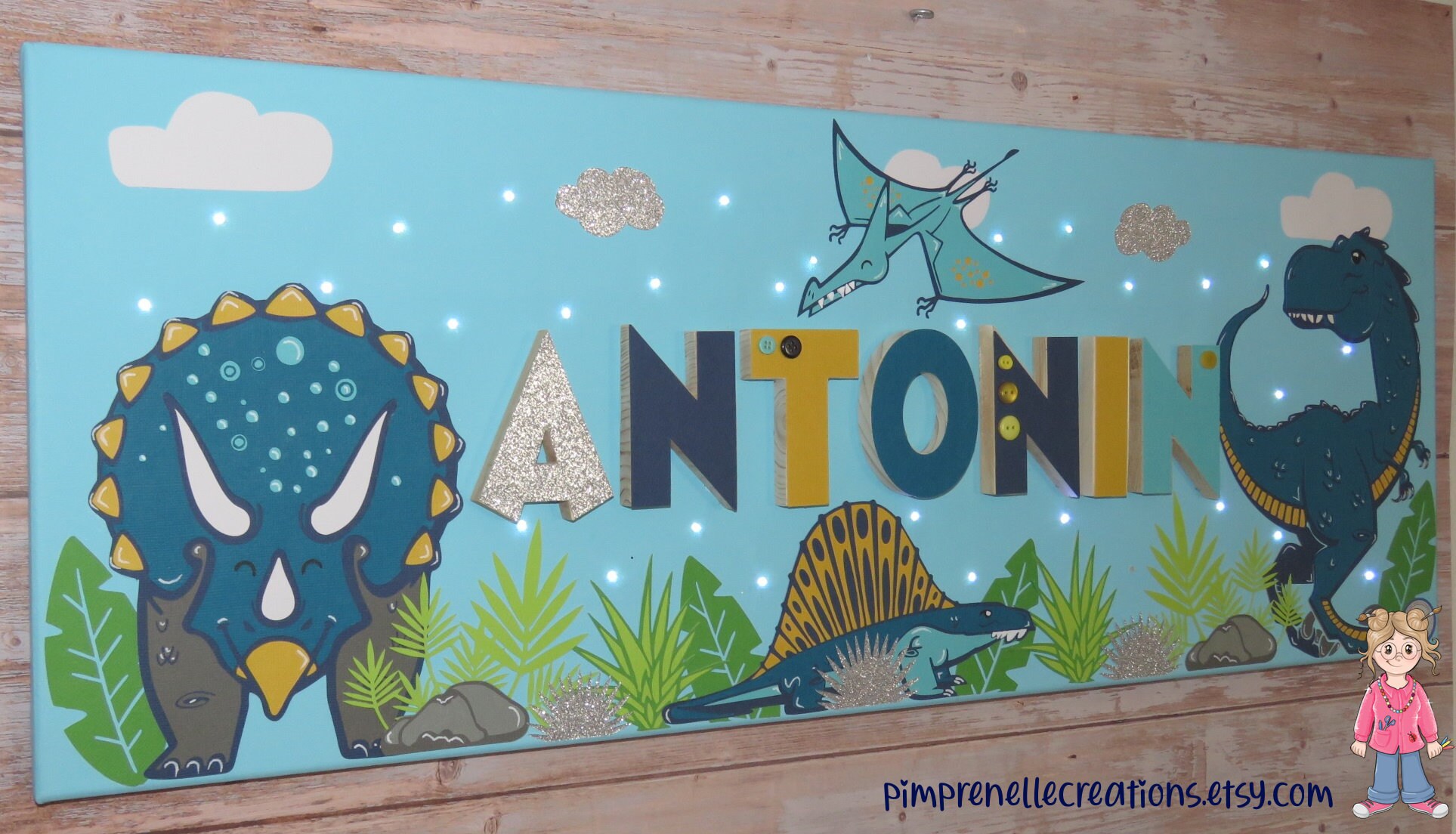 Tableau Dinosaure avec Prénom, Toile Lumineuse Tableau Prénom Dinosaure, Personnalisé Dino, Déco Cha