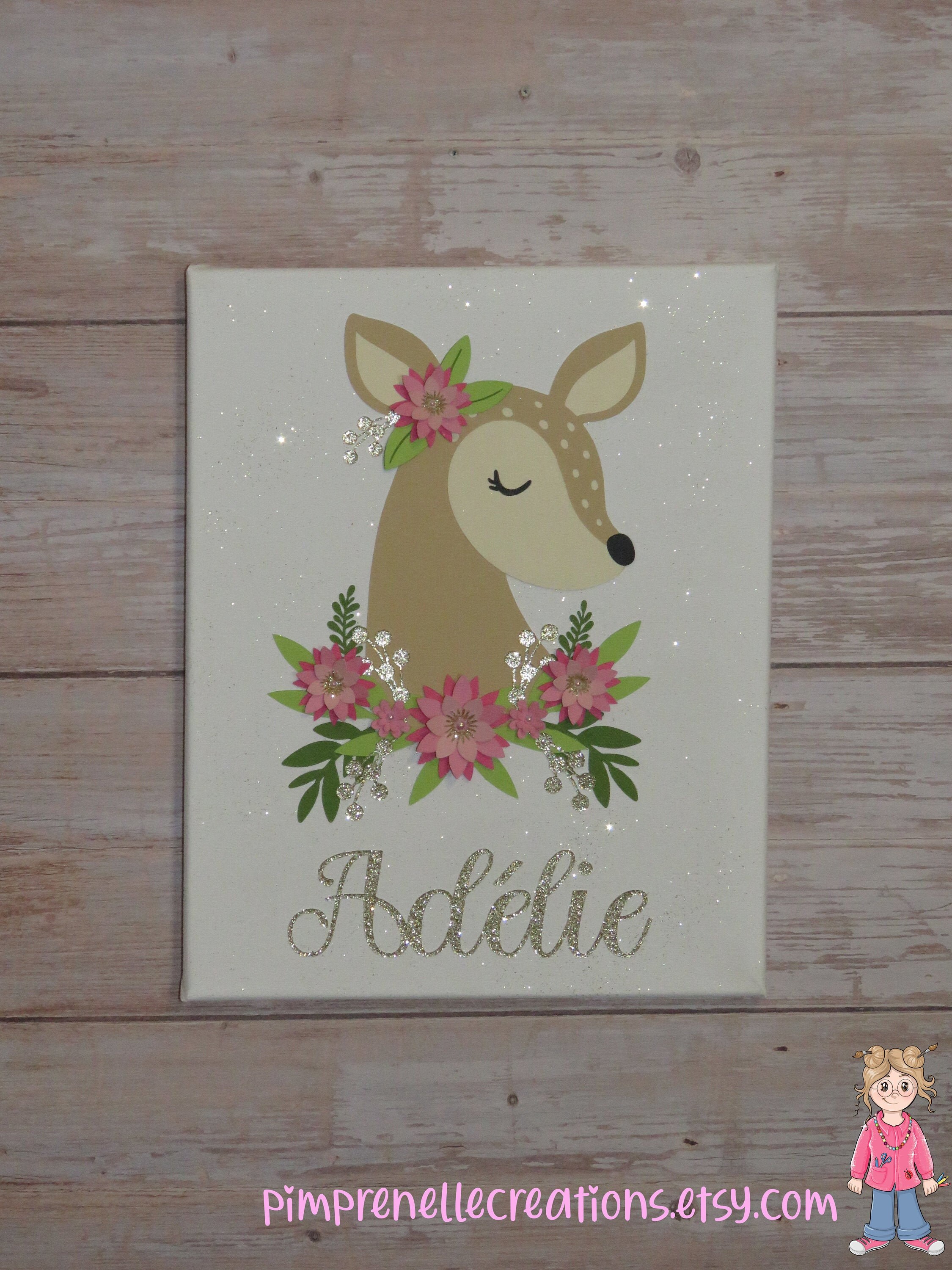 Tableau Biche avec Prénom, Décoration Murale Biche, Portrait de et Fleurs, Déco Chambre Fille Tablea