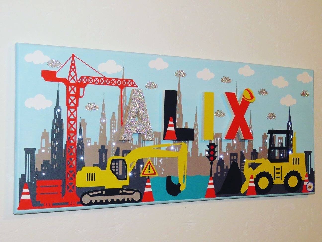 Tableau Prénom Engins Chantier, Tableau Lumineux Personnalisé, avec Prénom, Garçon, Déco Chambre Eng