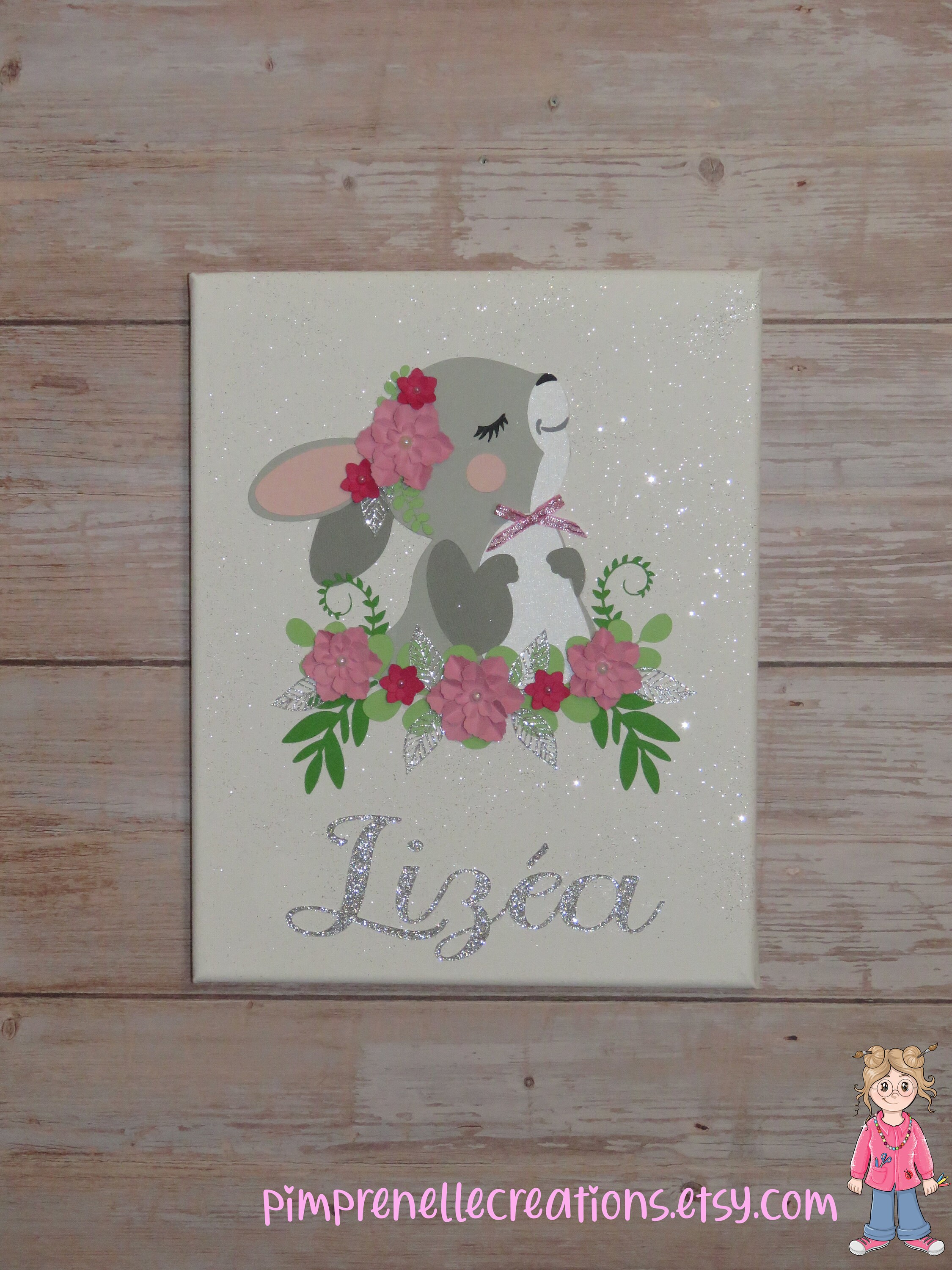 Tableau Lapin avec Prénom, Décoration Murale Lapin, Portrait de et Fleurs, Déco Chambre Fille Tablea
