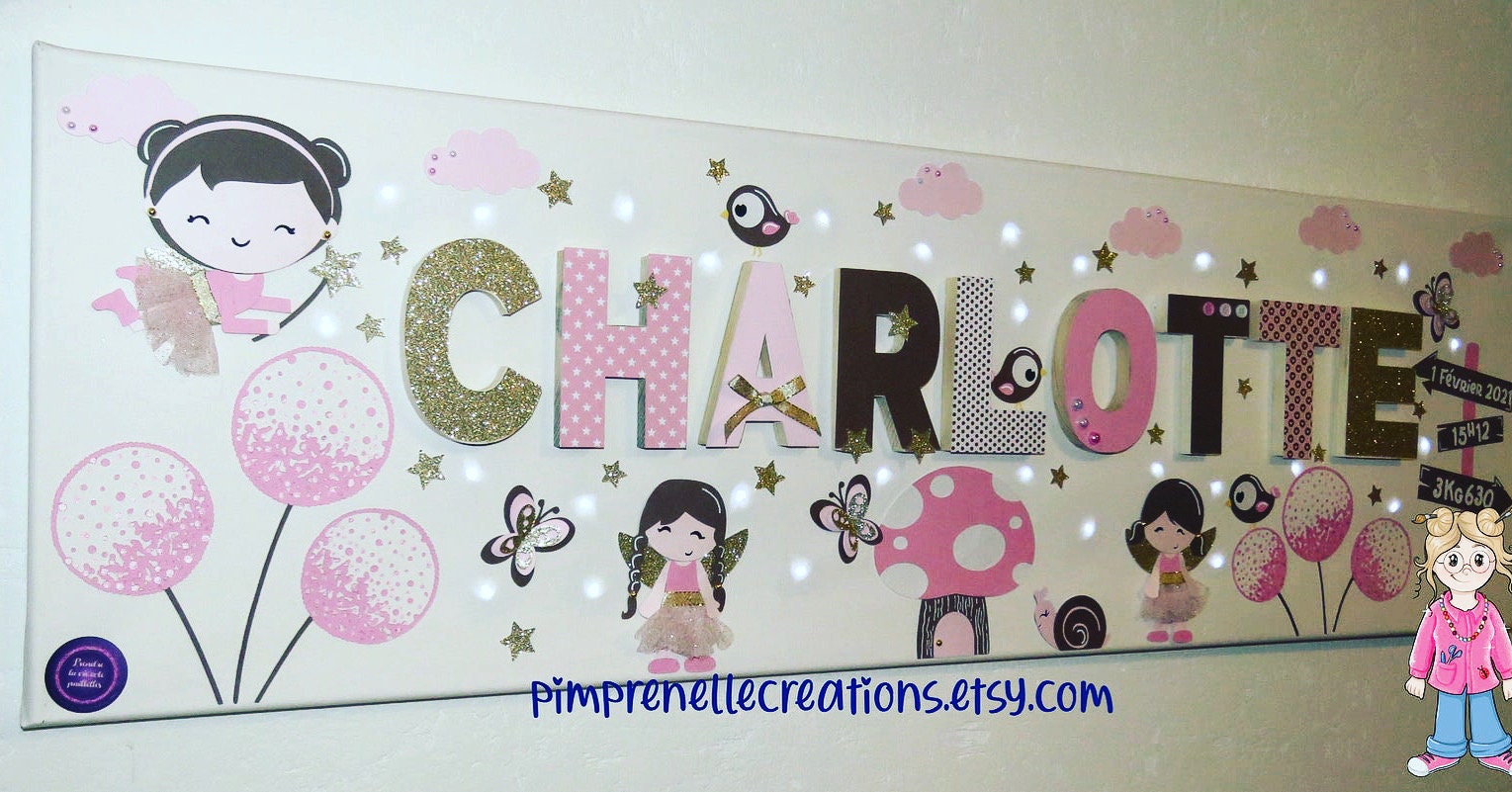 Tableau Prénom Fées, Tableau Chambre Fille, Lumineux, Personnalisé Géant Déco Fées,