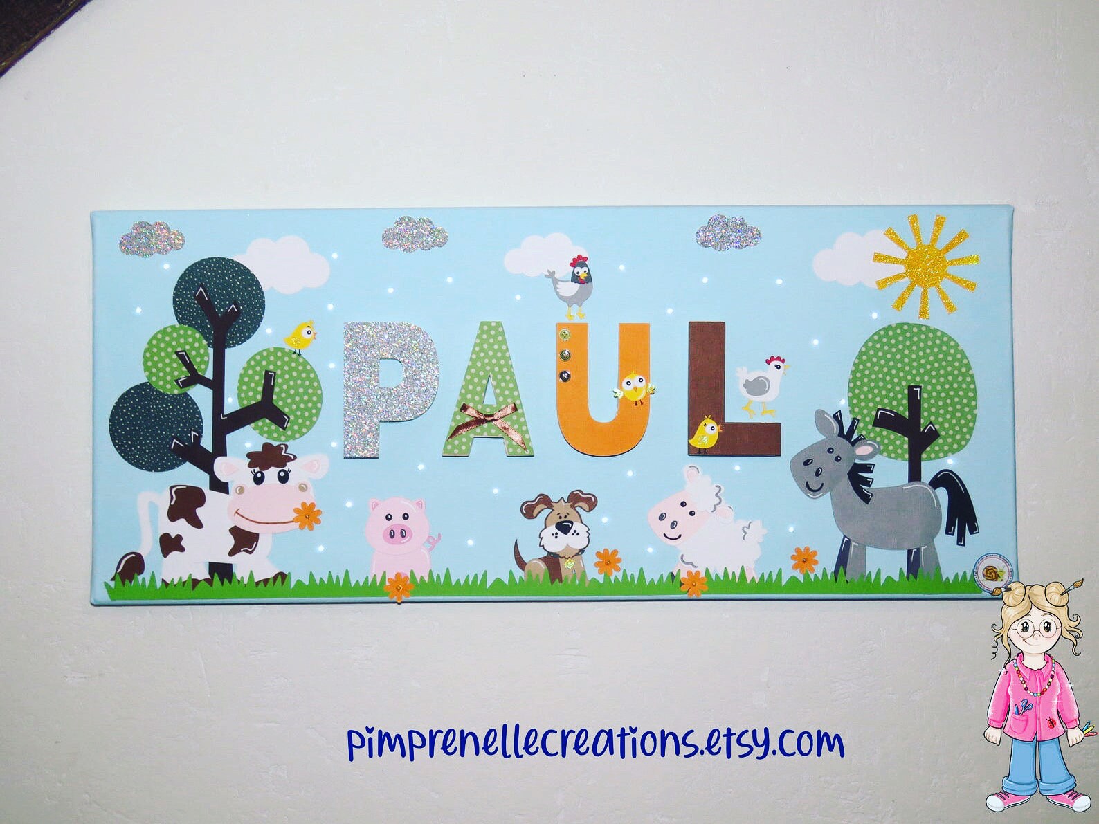 Tableau Prénom Garçon Animaux de La Ferme, Tableau Pour Chambre Garçon, Lumineux Animaux, Toile Lumi