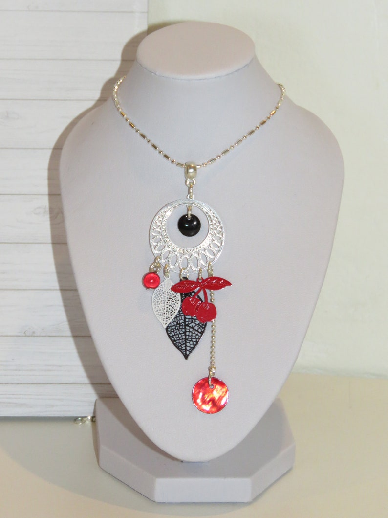 necklace leaf cherry and pearls black and Red necklace Bohemian chic necklace Bohemian spirit Guinguette necklace necklace