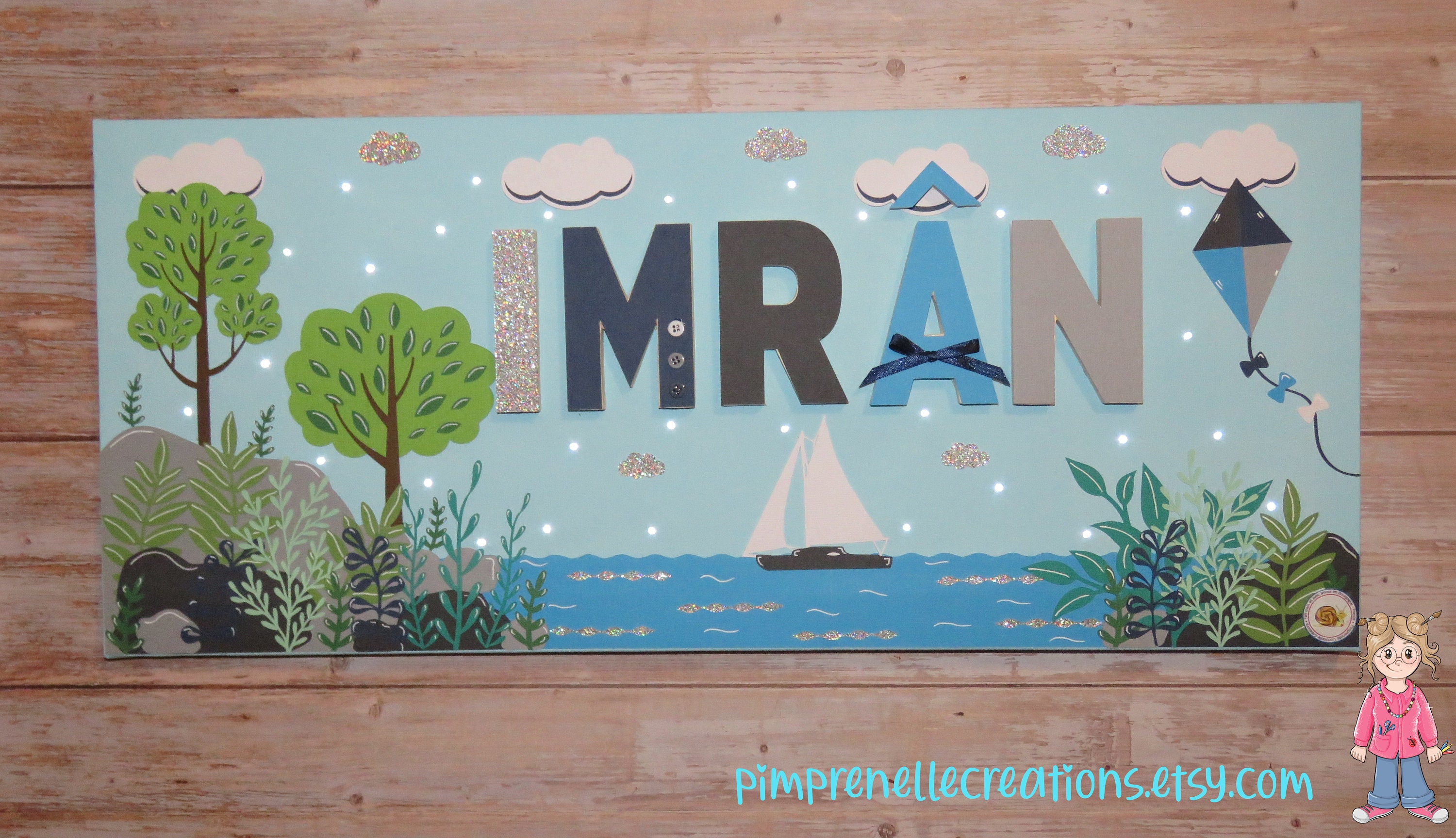 Tableau Prénom Garçon, Toile Mer et Océan, Tableau Lumineux, Personnalisé, Bateau Bord de Mer, Bleu