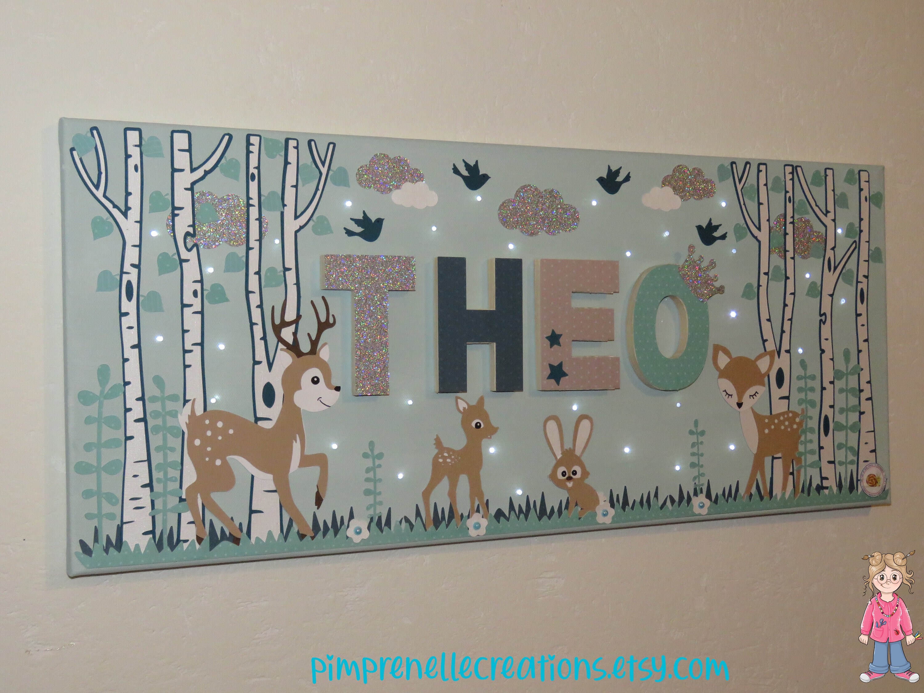 Tableau Prénom Lumineux Foret, Toile Lumineuse Vert d'eau, Tableau Personnalisé, Cerf, Déco Chambre 