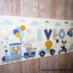 Tablero de luces personalizado con animales, tablero con nombre y autos pequeños, letrero con nombre decorado, tablero para habitación de bebé,