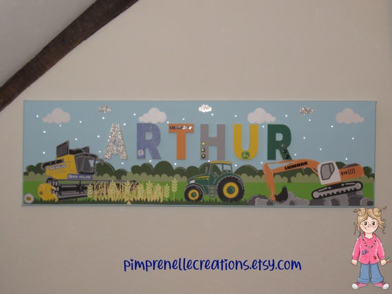 Tableau lumineux avec prénom et tracteur, décoration murale