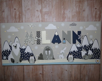 Tableau animaux banquise avec prénom, toile lumineuse personnalisée ours polaire, déco chambre enfant bleu marine gris, idée cadeau bébé,