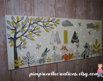 Personalized painting with forest animals, luminous canvas with first name, luminous fox painting, mustard gray bedroom decor, baby first name,