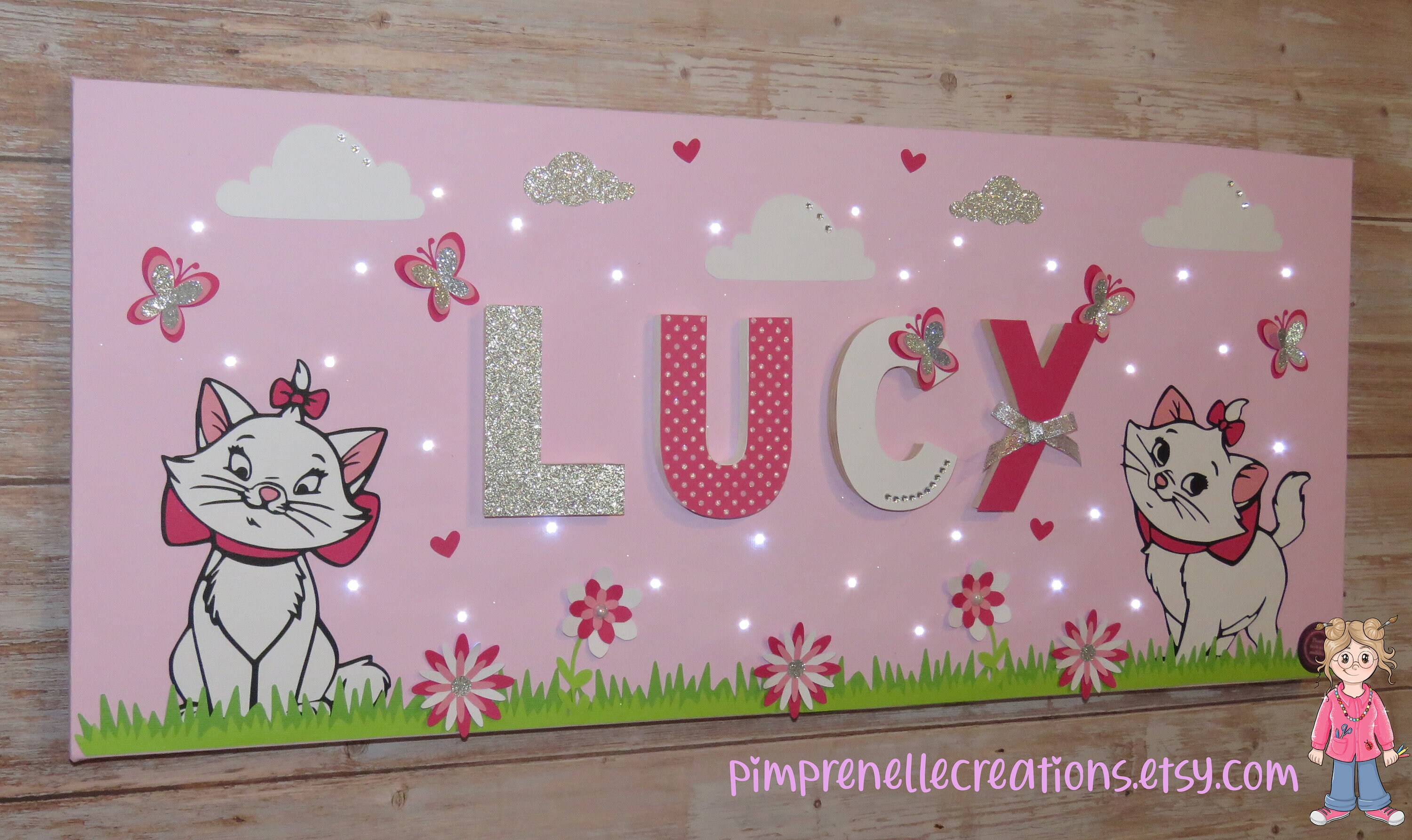 Tableau Petits Chats avec Prénom, Tableau Chatons Pour Fille, Lumineux Prénom Chat, Déco Blanc