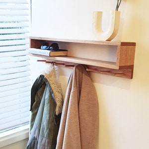 ASHER entryway organiser, shelf, wooden shelf, book shelf, coat rack, key holder, wall mount coat rack, peg rail with shelf, storage image 1