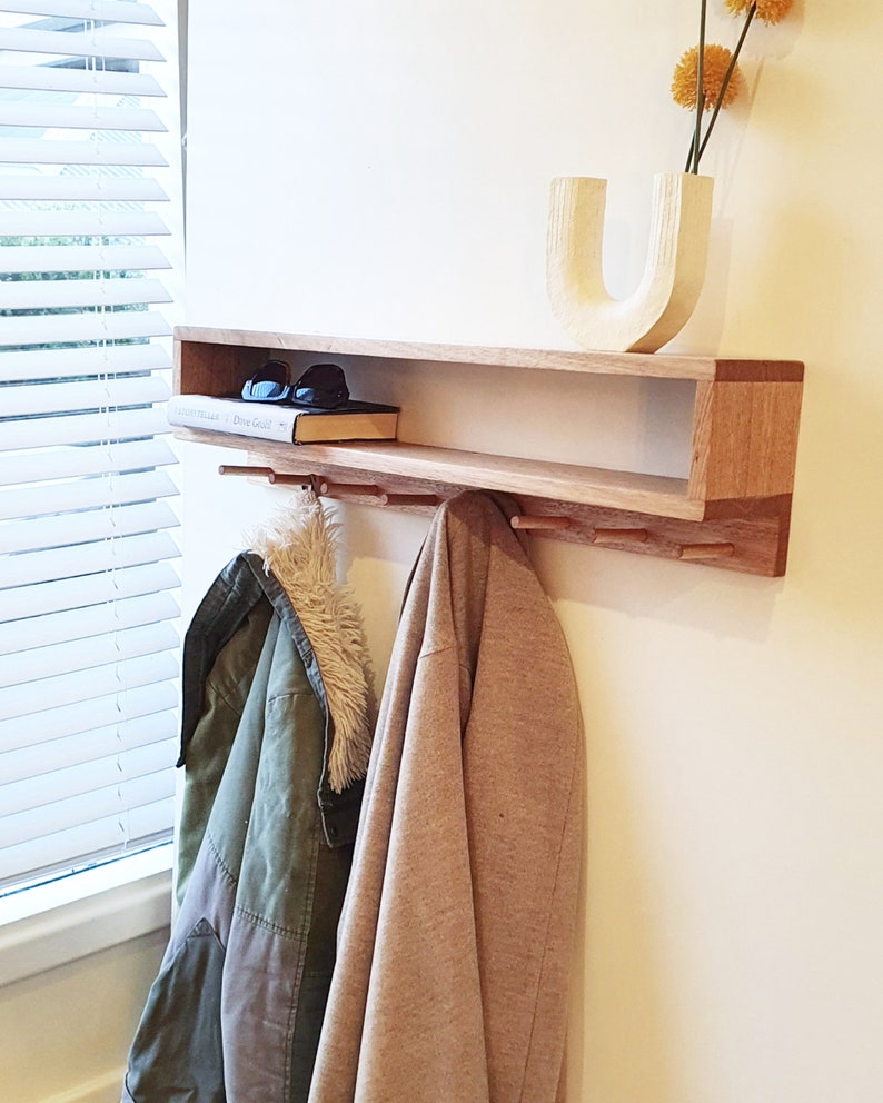 ASHER entryway organiser, shelf, wooden shelf, book shelf, coat rack, key holder, wall mount coat rack, peg rail with shelf, storage image 1