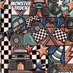 May include: A seamless pattern featuring monster trucks, chequered flags, stars, and a traffic cone. The background is a patchwork of different colours and patterns, including black and white chequered squares.