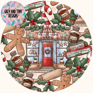 May include: A circular illustration featuring a cozy bakery scene with gingerbread men, holly, and candy canes. The bakery, "The Cozy Crumb Bakery," has a red door and star decorations. Jars of ginger and cocoa are also present, along with text that reads "Ice your own cookies."