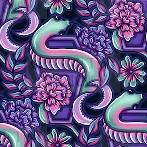 SNAKE COFFIN FLORAL alternative goth witchy celestial seamless design, surface pattern, non exclusive