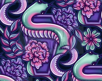 SNAKE COFFIN FLORAL alternative goth witchy celestial seamless design, surface pattern, non exclusive