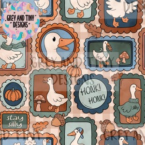 May include: A repeating pattern featuring cartoon geese in various poses, framed in decorative borders. The design includes pumpkins, acorns, and the text "HONK! HONK!" and "stay silly". The color palette includes shades of blue, orange, and brown.