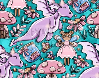 May include: A seamless pattern featuring a whimsical fairy, a purple dragon, mushrooms, flowers, and jars labelled "fairy dust". The background is a vibrant teal colour.
