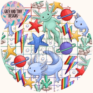 May include: A whimsical pattern featuring cartoon axolotls, stars, planets, and rainbow lightning bolts on a grid background. The design includes the text "GREY AND TINY DESIGNS" in a circular logo. The color palette includes shades of blue, green, red, yellow, and purple.