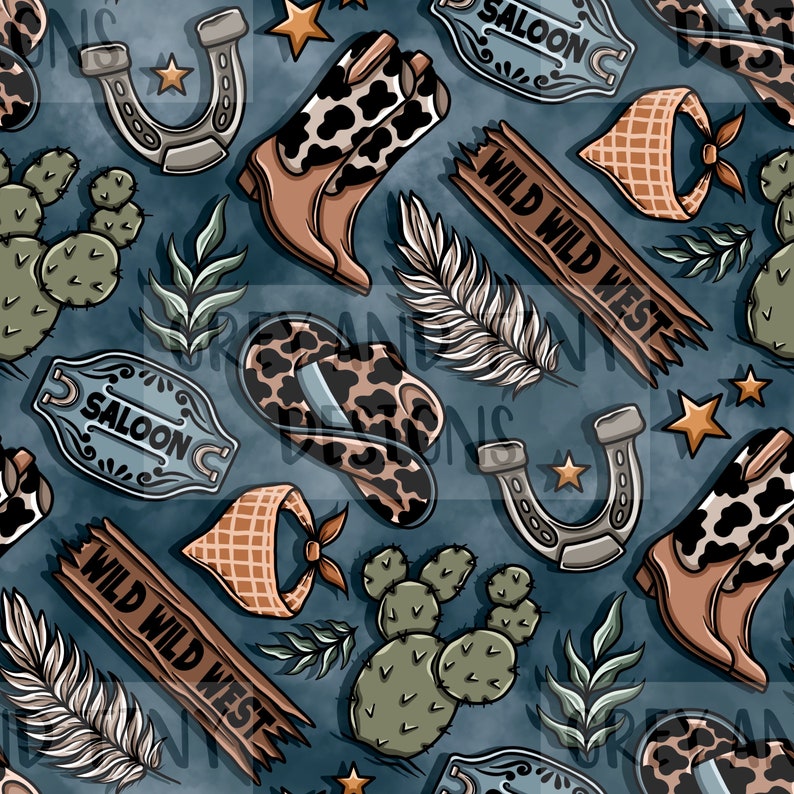 May include: A seamless pattern featuring a variety of western-themed illustrations, including cowboy boots, hats, horseshoes, cacti, and a sign that reads "Wild Wild West". The background is a dark blue with a watercolour effect.