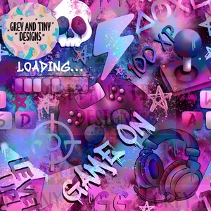 May include: A colourful, graffiti-style design with gaming themes. The design includes a skull, lightning bolt, stars, a joystick, and headphones. The text "LOADING..." and "GAME ON" are also visible. The colour palette is a mix of pink, purple, and blue.