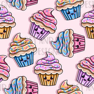 CUPCAKES DI COMPLEANNO KAWAII, cibo carino, granelli, festa carina, carta da regalo, design senza soluzione di continuità, download digitale, non esclusivo