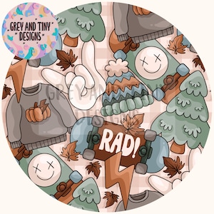 Peut inclure: Un motif sans couture composé d'illustrations sur le thème de l'automne et du skateboard. Le motif comprend des planches à roulettes, des arbres, des chapeaux, des éclairs et le mot "RAD!" dans un schéma de couleurs brun et bleu.