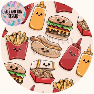 FAST FOOD KAWAII, burger, nuggets, chips, ketchup, mustard, hotdog, 300 dpi, Seamless Design pattern, Digital Download, Non Exclusive