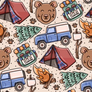 May include: A seamless pattern featuring a variety of camping-themed illustrations, including a blue jeep, red and green tents, a campfire, a bear, a pine tree, and a backpack with the text "Let's Go Camping".