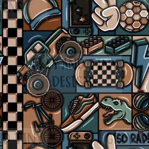 Peut inclure: Un motif coloré et ludique mettant en scène divers objets, dont une planche à roulettes, un dinosaure, un monster truck, une manette de jeu vidéo, une casquette de baseball, une paire de baskets, un vélo et un ballon de football. Le motif est sur un fond à carreaux et comprend le texte "So Rad!"