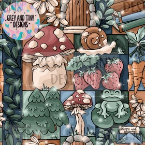 May include: A colourful seamless pattern featuring a mushroom, a snail, a frog, strawberries, a tree, and a door. The pattern is set against a background of blue, green, and brown squares. The text "Grey and Tiny Designs" is visible in the top left corner.