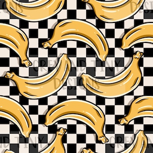 May include: A seamless pattern featuring yellow bananas on a black and white checkered background. The bananas are arranged in a repeating pattern, with each banana curved and overlapping the next.
