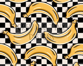 May include: A seamless pattern featuring yellow bananas on a black and white checkered background. The bananas are arranged in a repeating pattern, with each banana curved and overlapping the next.