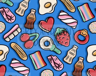 Könnte beinhalten: Ein nahtloses Muster mit verschiedenen bunten Süßigkeiten und Lebensmitteln auf einem leuchtend blauen Hintergrund. Das Muster enthält ein Spiegelei, ein herzförmiges Bonbon, eine Erdbeere, einen Gummibärchen, eine Kirsche, einen Lolli, einen Zahn, eine Flasche Limonade, einen Ring, eine Banane und eine Marshmallow.