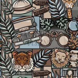 May include: A colorful seamless pattern featuring safari animals, a jeep, binoculars, a hat, and jungle foliage. The pattern includes the words "ZEBRA", "LEOPARDS", "SAFARI", and "ELEPHANTS".