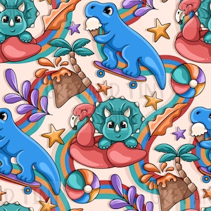 May include: A seamless pattern featuring cartoon dinosaurs, palm trees, rainbows, and beach balls. The dinosaurs are blue and green and are riding skateboards and floating on inflatable flamingoes. The background is a light pink color.
