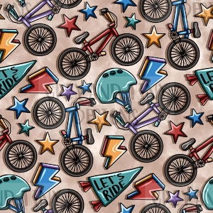 May include: A seamless pattern featuring a variety of colourful bicycle-themed illustrations, including bikes, helmets, stars, and lightning bolts. The background is a light brown colour with a watercolour effect. The text "Let's Ride" is repeated throughout the pattern.