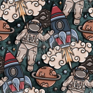 Könnte beinhalten: Ein nahtloses Muster mit Cartoon-Illustrationen von Astronauten, Raketen, Planeten und Sternen auf dunkelgrünem Hintergrund. Das Muster ist perfekt für Stoff, Tapete oder Geschenkpapier.