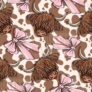 May include: A seamless pattern featuring brown Highland cow heads with fluffy brown hair and pink bows on a brown and white cow print background.
