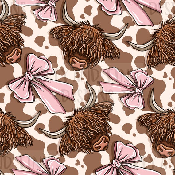 HIGHLAND COW BOWS, coquette, girly, 300dpi, kindle cover, cute, bows, wrapping paper, Seamless Design, Digital Download, Non Exclusive