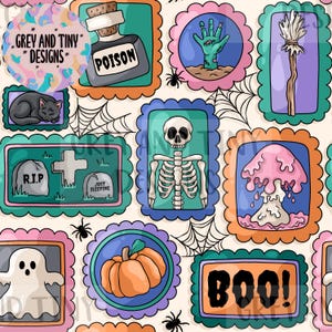 May include: A seamless pattern featuring various Halloween themed illustrations in colorful frames. The illustrations include a ghost, a pumpkin, a skeleton, a mushroom, a poison bottle, a zombie hand, a tombstone, and a broom. The background is a light beige color with spiderwebs.