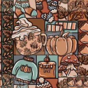Könnte beinhalten: Ein nahtloses Muster mit herbstlichen Elementen im Patchwork-Stil. Das Muster enthält eine Tasse Kaffee mit Schlagsahne, einen Kürbis, einen Pullover mit Kürbisdesign, eine Kerze mit der Aufschrift "Pumpkin Spice", Pilze, Blätter und kuschelige Socken.