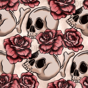 Könnte beinhalten: Ein nahtloses Muster mit einem sich wiederholenden Design aus weißen Schädeln und roten Rosen. Die Schädel haben schwarze Augenhöhlen und sind von roten Rosen mit einem hellrosa Zentrum umgeben.