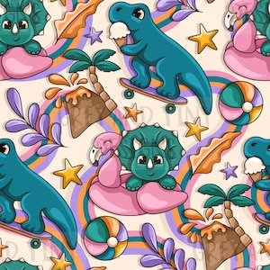 May include: A seamless pattern featuring cartoon dinosaurs, palm trees, and beach balls. The dinosaurs are riding skateboards and floating on pink flamingos. The background is a colorful swirl of rainbow stripes.