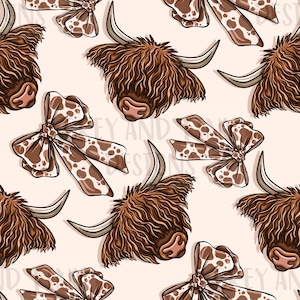 May include: A seamless pattern featuring brown Highland cow heads with fluffy brown fur and white spots. The cows are wearing brown and white spotted bows.