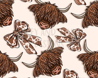 HIGHLAND COW BOWS, coquette girly, 300dpi, kindle cover, cute, bows, wrapping paper, Seamless Design, Digital Download, Non Exclusive