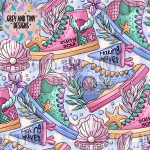 MERMAID SNEAKERS, schattig, onderwater, meisjesachtig, strikken, schelpen, pastelkleuren, 300 dpi, naadloos ontwerp, oppervlaktepatroon, niet-exclusief