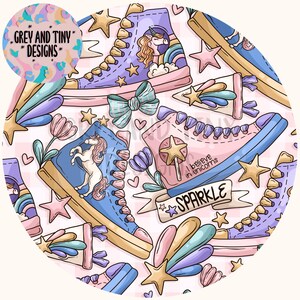 May include: A colourful pattern of high-top trainers with unicorn and rainbow designs. The trainers are in shades of blue, pink, and purple, decorated with stars, bows, and the text "Sparkle" and "I believe in unicorns". The background is a light pink plaid.