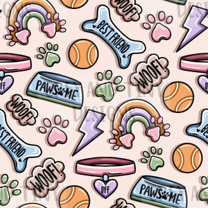 Könnte beinhalten: Ein nahtloses Muster mit verschiedenen Hunde-Illustrationen, darunter Pfotenabdrücke, Regenbögen, Knochen, Hundenäpfe und das Wort "WOOF!" in verschiedenen Farben und Stilen.
